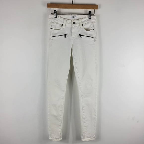 Paige Indio Zip Moto Zip Mid Rise Skinny White Jeans - Picture 1 of 9